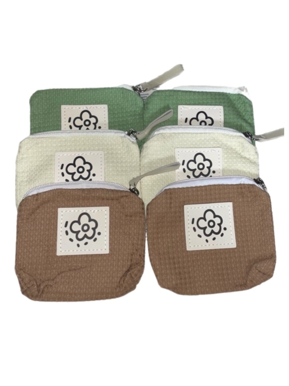 Set of 3 Floral design lightweight waffle zipper pouches. Brown, cream and sage